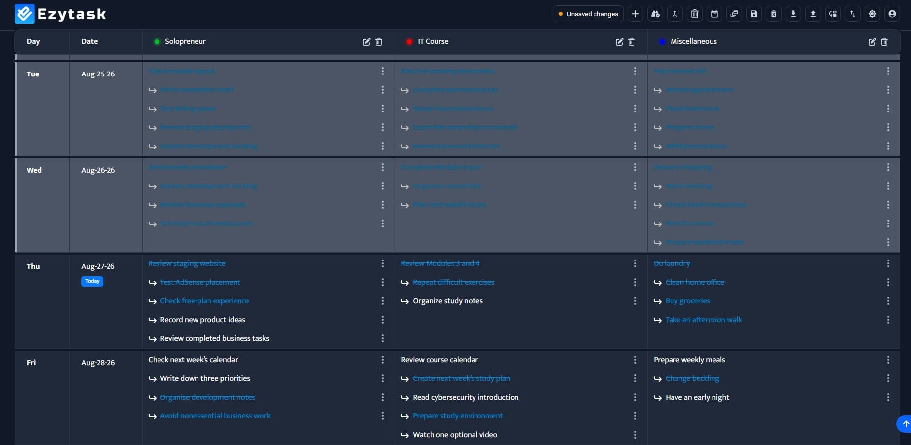 Ezytask schedule showing work, study and personal tasks